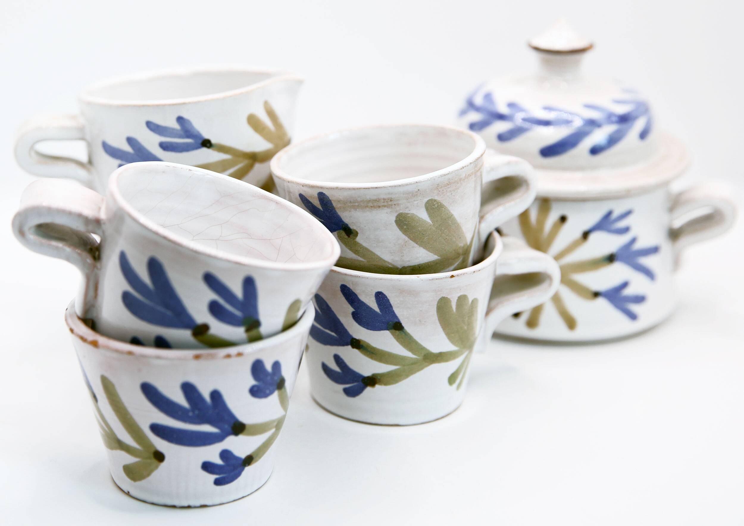 5 cups, 1 milk jug, 1 sugar bowl by Michel Barbier Vallauris