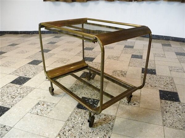 Chariot de bar ou chariot de service de style Art Déco en laiton et verre, France années 1930.