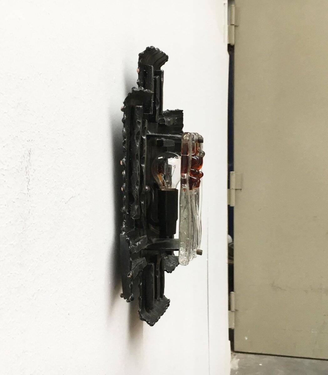 Vintage Italian brutalist wrought iron wall lamp by Albano Poli for Poliarte, set of 4.