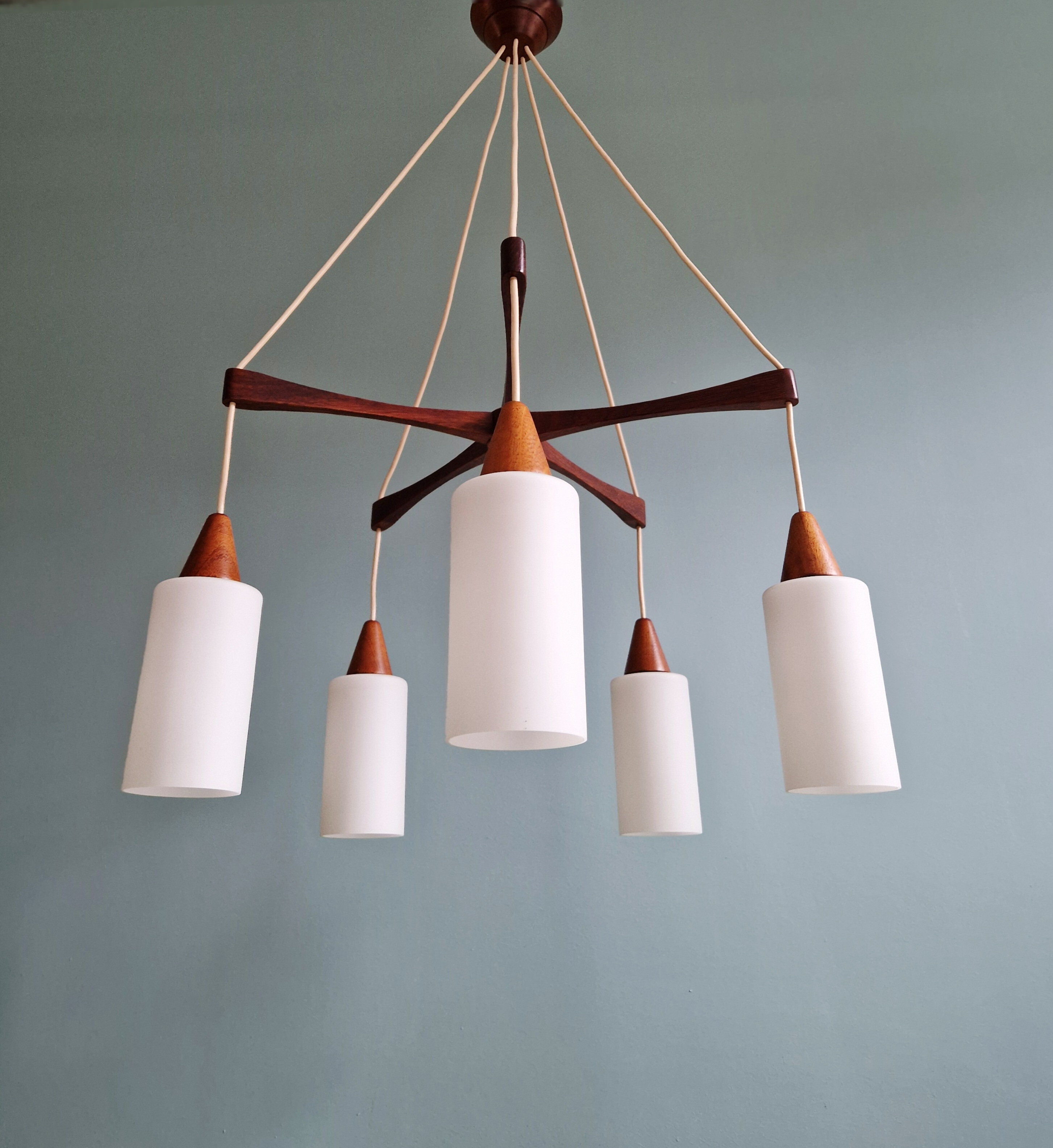 Large Scandinavian chandelier in teak and tubular white opaline, 1960.