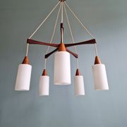 Large Scandinavian chandelier in teak and tubular white opaline, 1960.