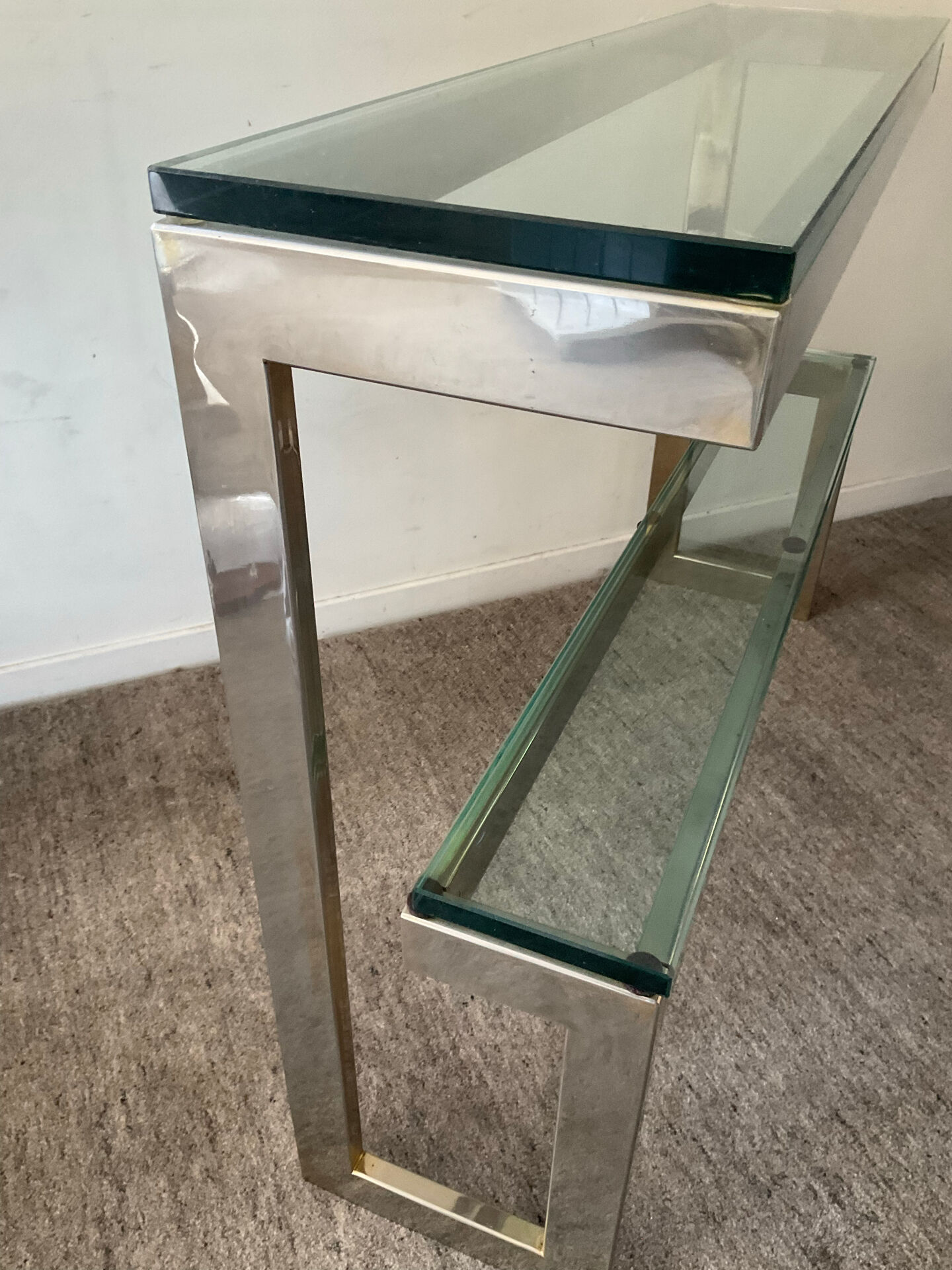 Console "G" by Belgochrom in brass and glass from the 1970s.