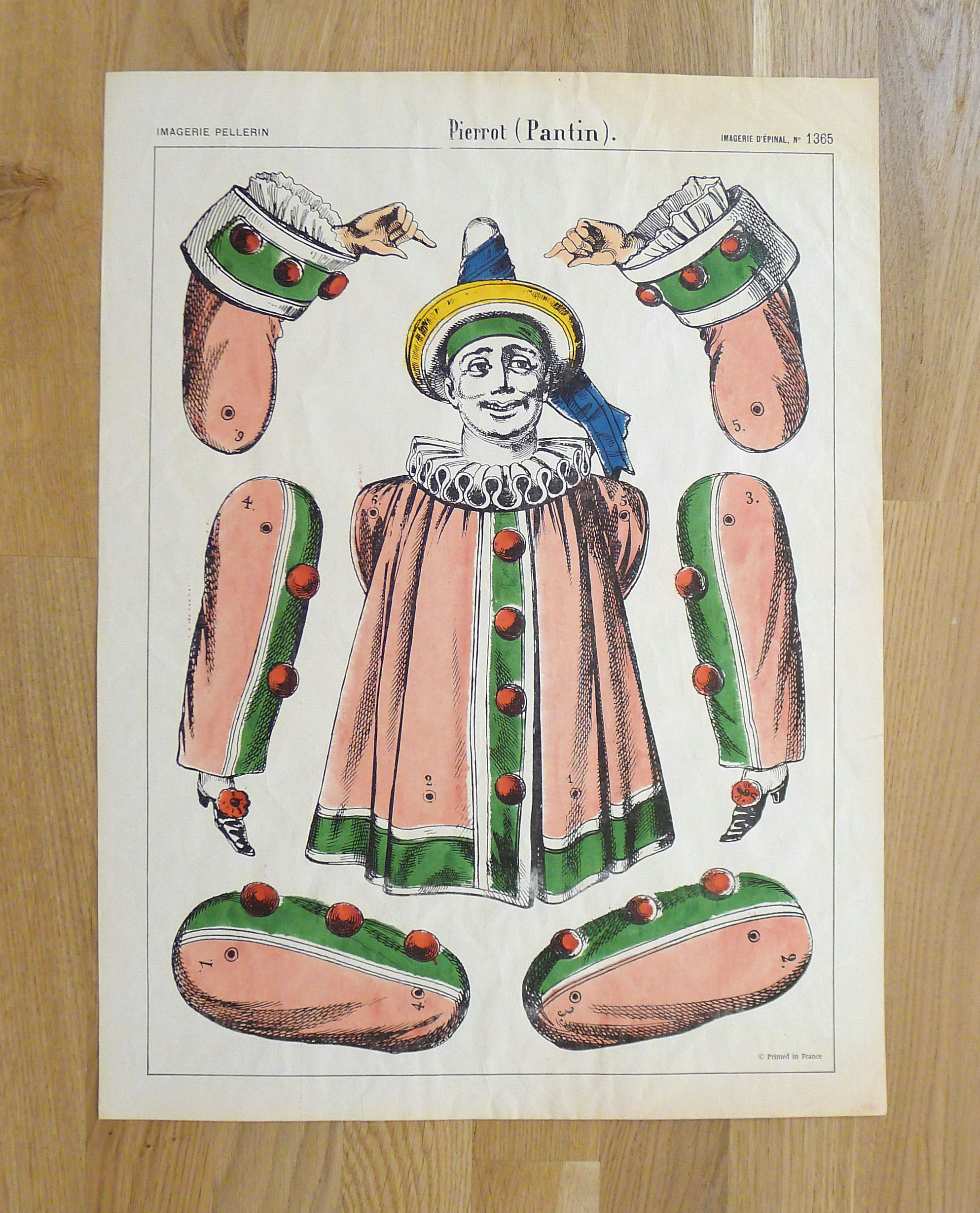 Old illustration Pierrot (puppet) framed