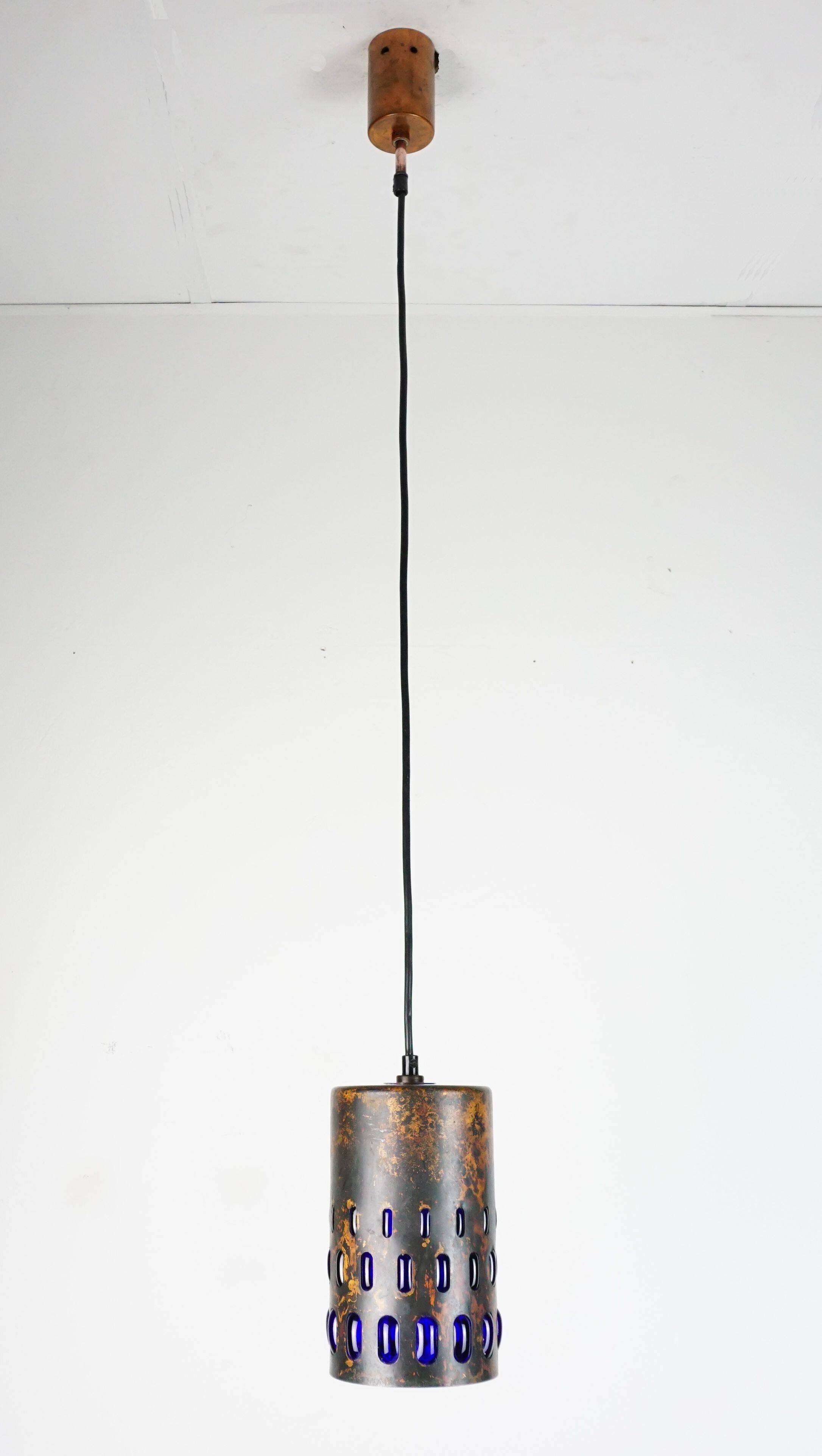 mid century modern PENDANT LAMP flamed copper and blue glass 1960s