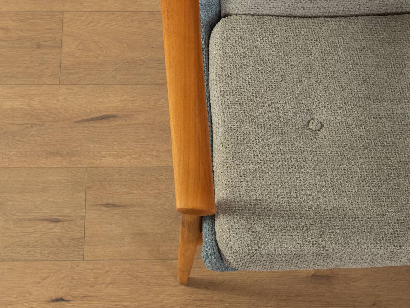 1950s wingback armchair in two-tone look, cherry wood, newly upholstered
