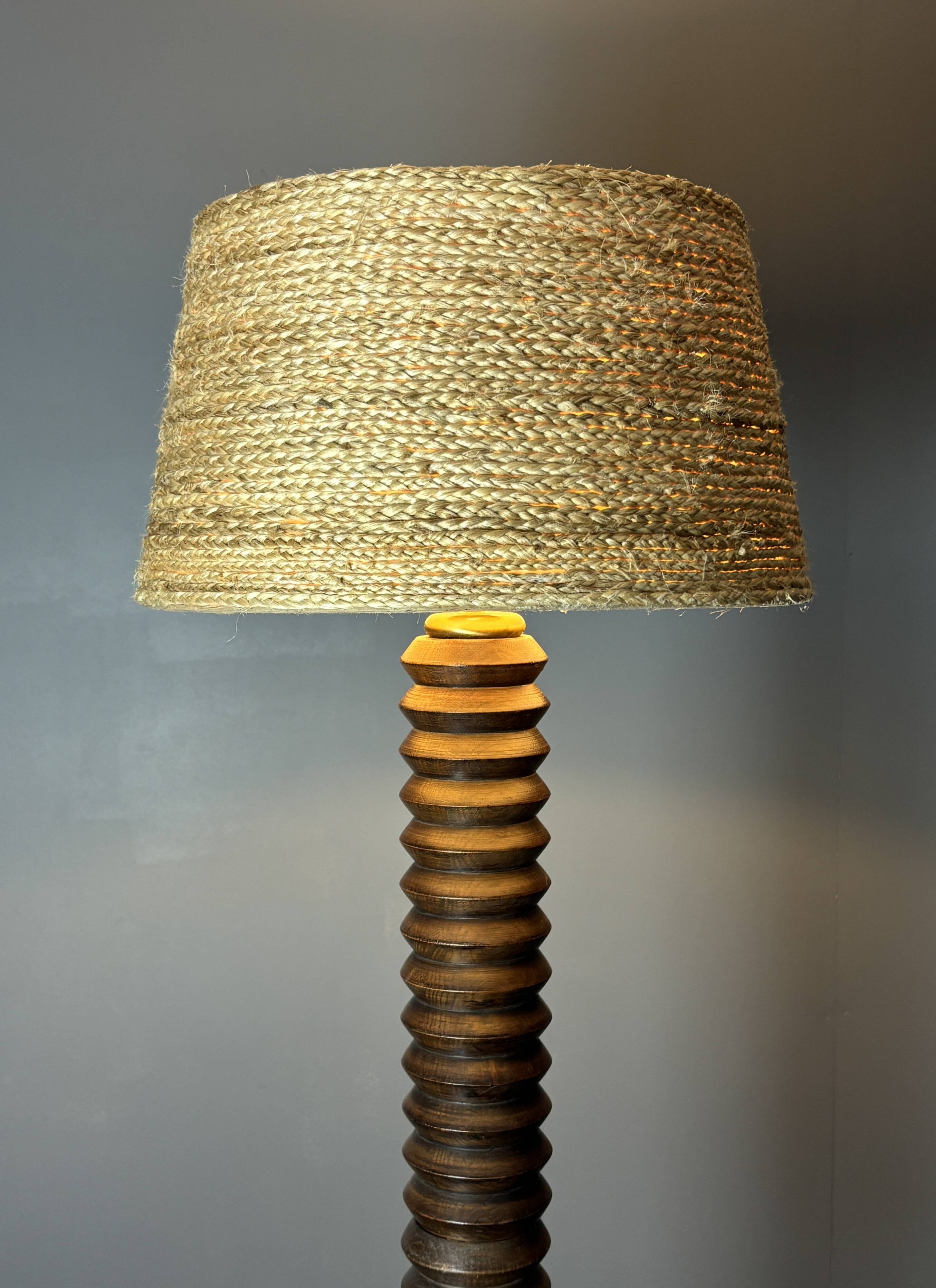 Midcentury brutalist chunky wood turned floor lamp, Charles Dudouyt style.