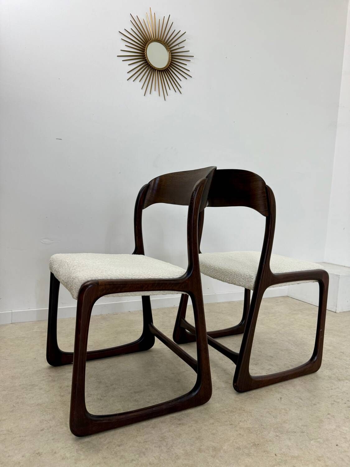 Set of 2 Baumann sled chairs in wood and terry fabric, 60s design