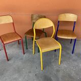 set of 4 mismatched school chairs multi-colored industrial vintage school