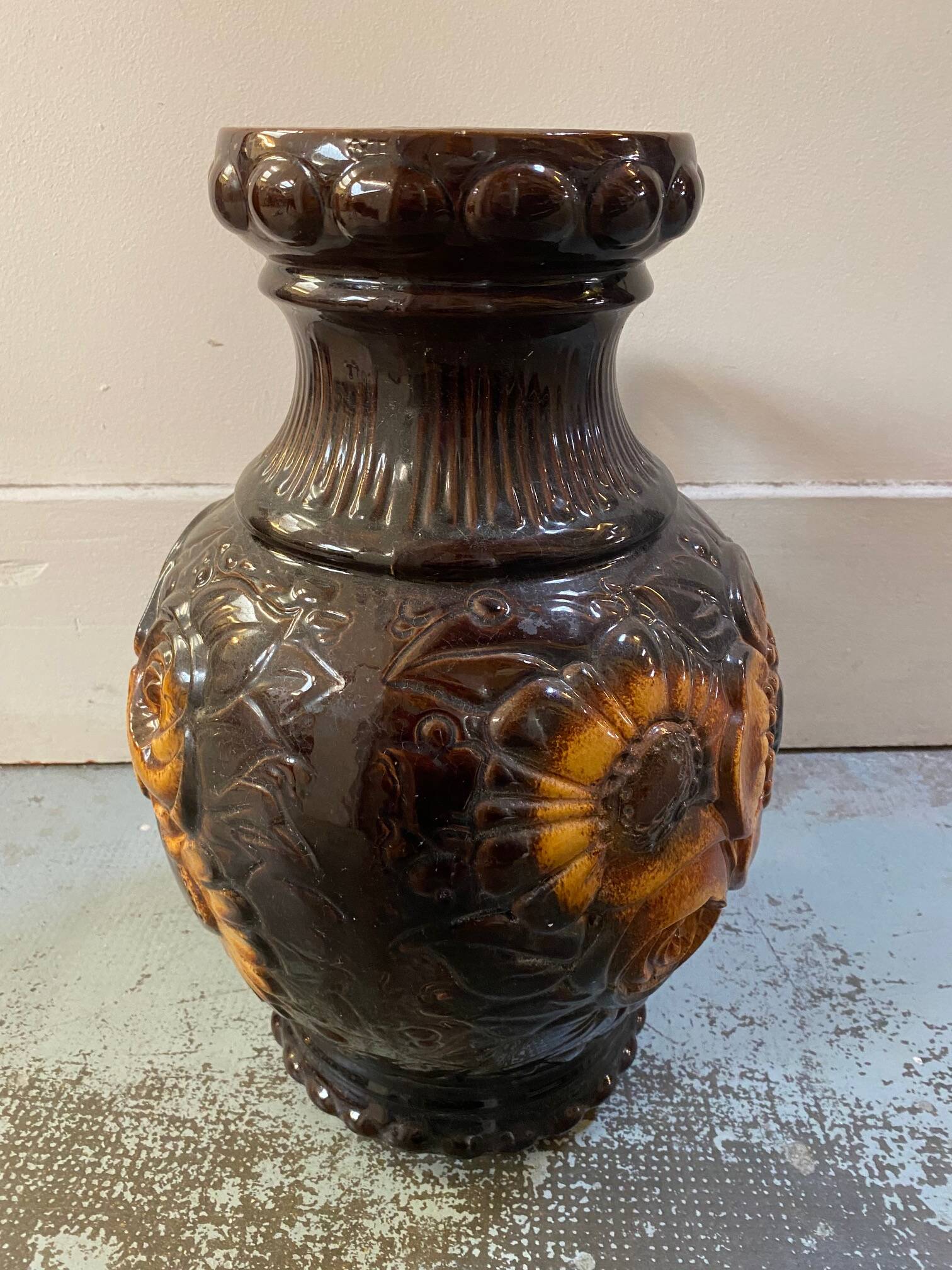 German scheuerich ceramic vase with flowers decor from the 70s