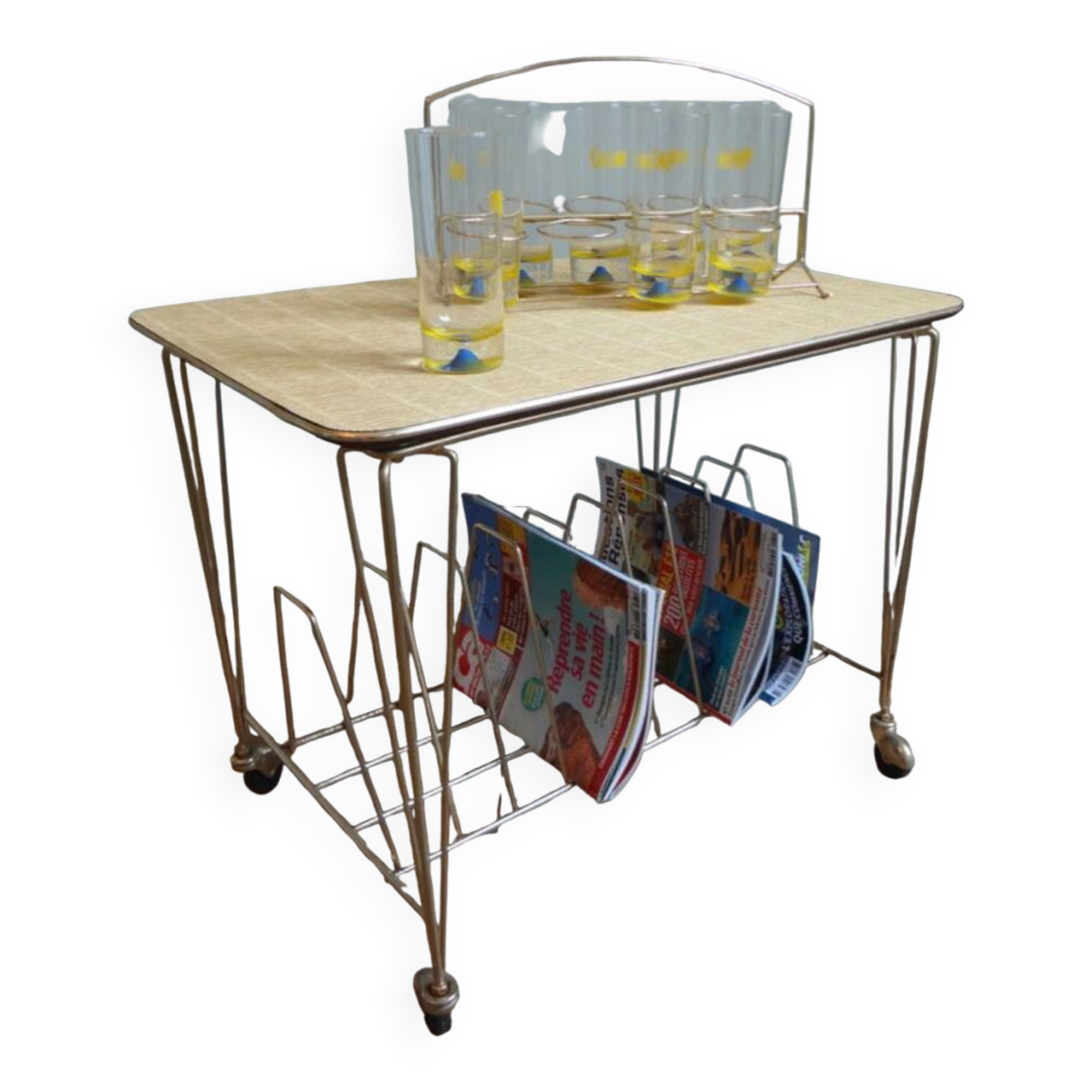 Rolling table for magazines or vinyl records.