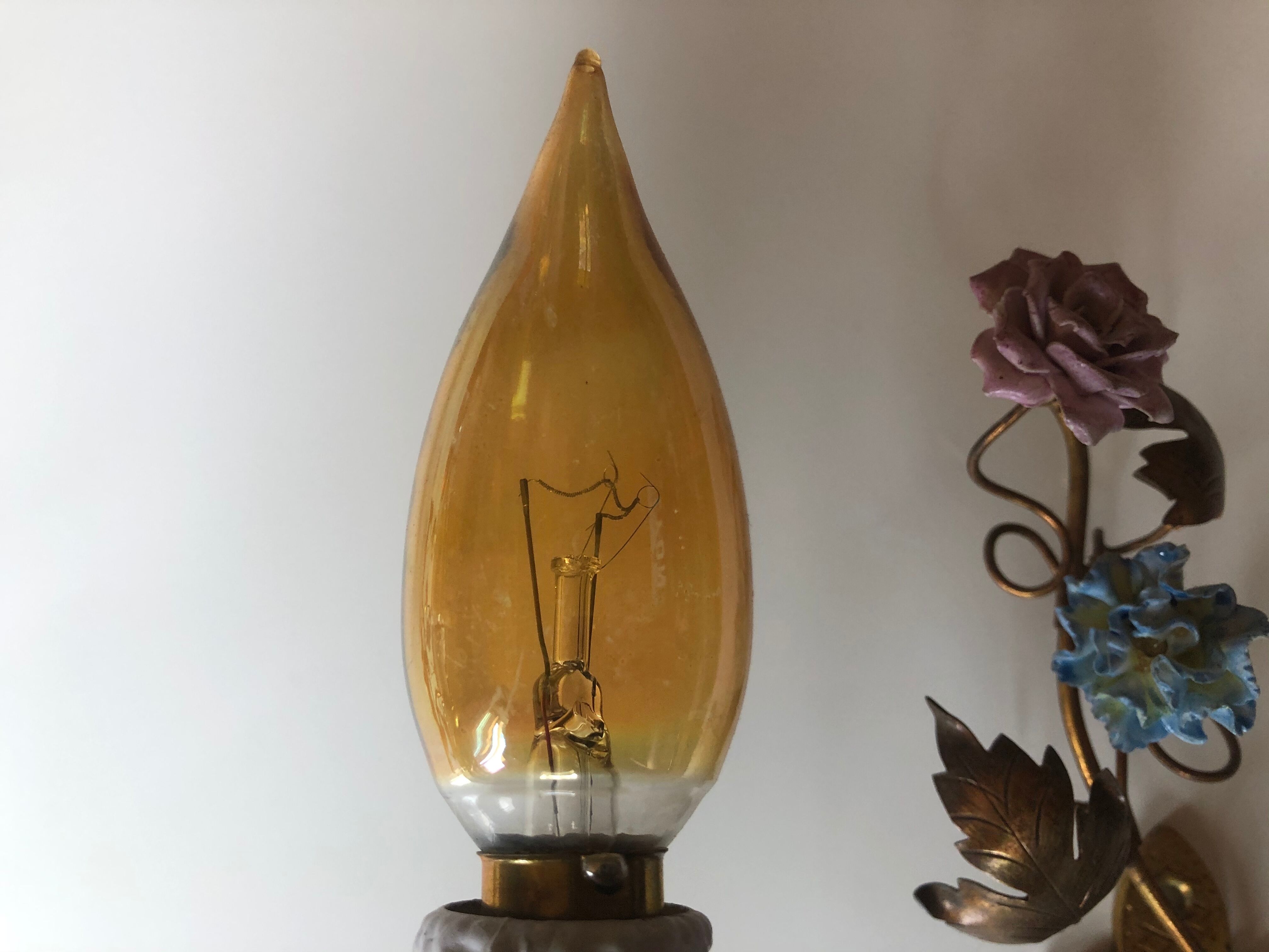 Two bronze wall light decorated with flowers in german porcelain