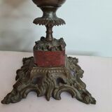 Kerosene lamp in bronze and enamelled glass