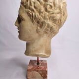 Bust of Hermes in patinated plaster on brown marble base, 34 cm