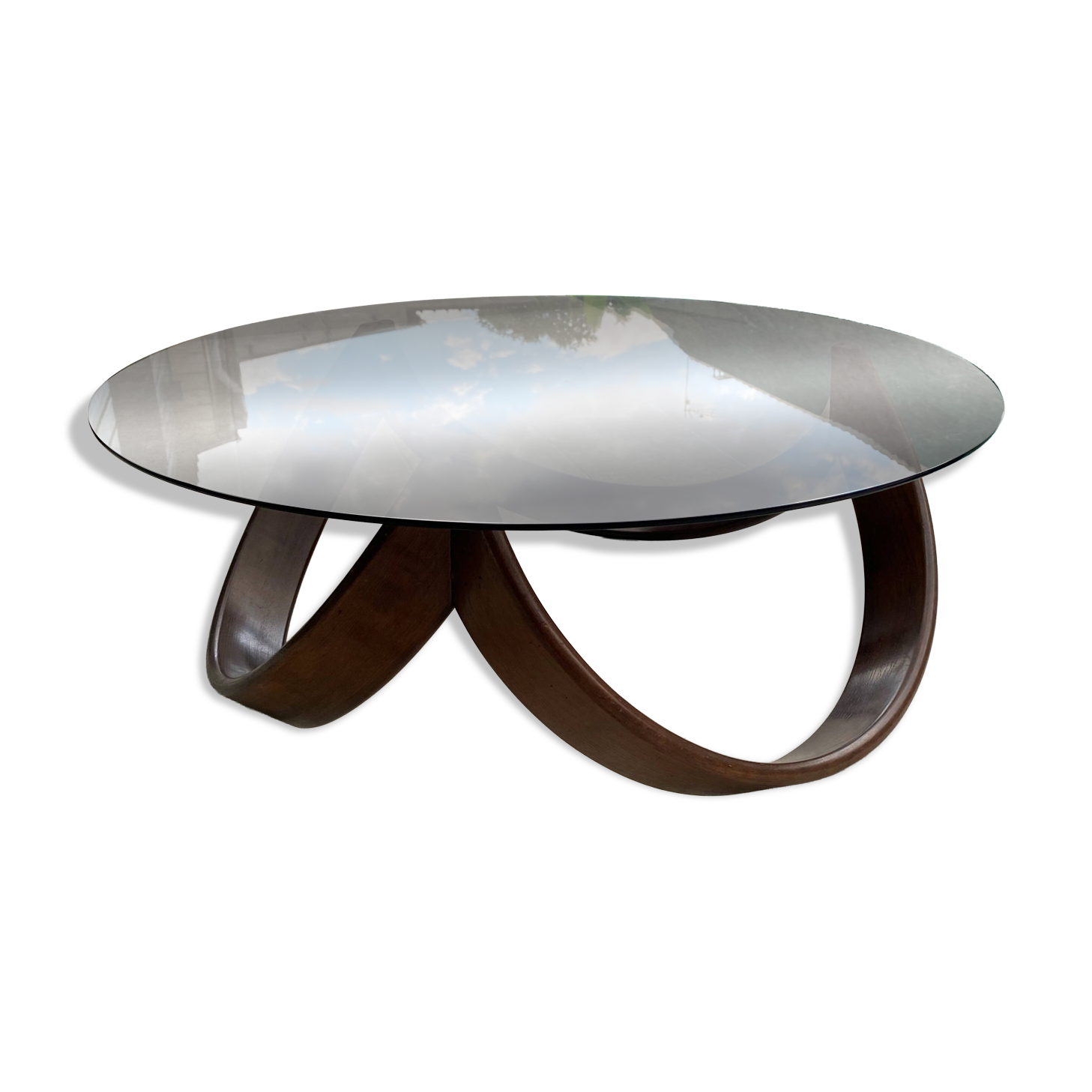 Vintage 1970s organic wood glass round coffee table