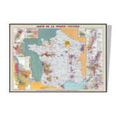 Carte des vins de France - Carte vintage montrant les régions vinicoles et viticoles 100x70 cm