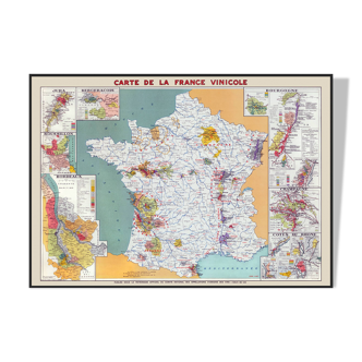 Carte des vins de France - Carte vintage montrant les régions vinicoles et viticoles 100x70 cm
