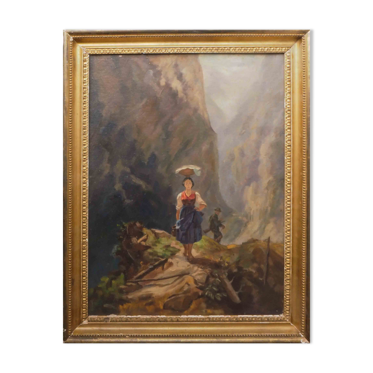 Tableau Scène de montagne avec personnages chasseur porteuse d'eau XIX°
