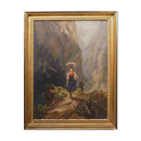 Painting Mountain scene with characters hunter carrying water XIX°