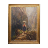 Painting Mountain scene with characters hunter carrying water XIX°