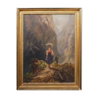 Painting Mountain scene with characters hunter carrying water XIX°