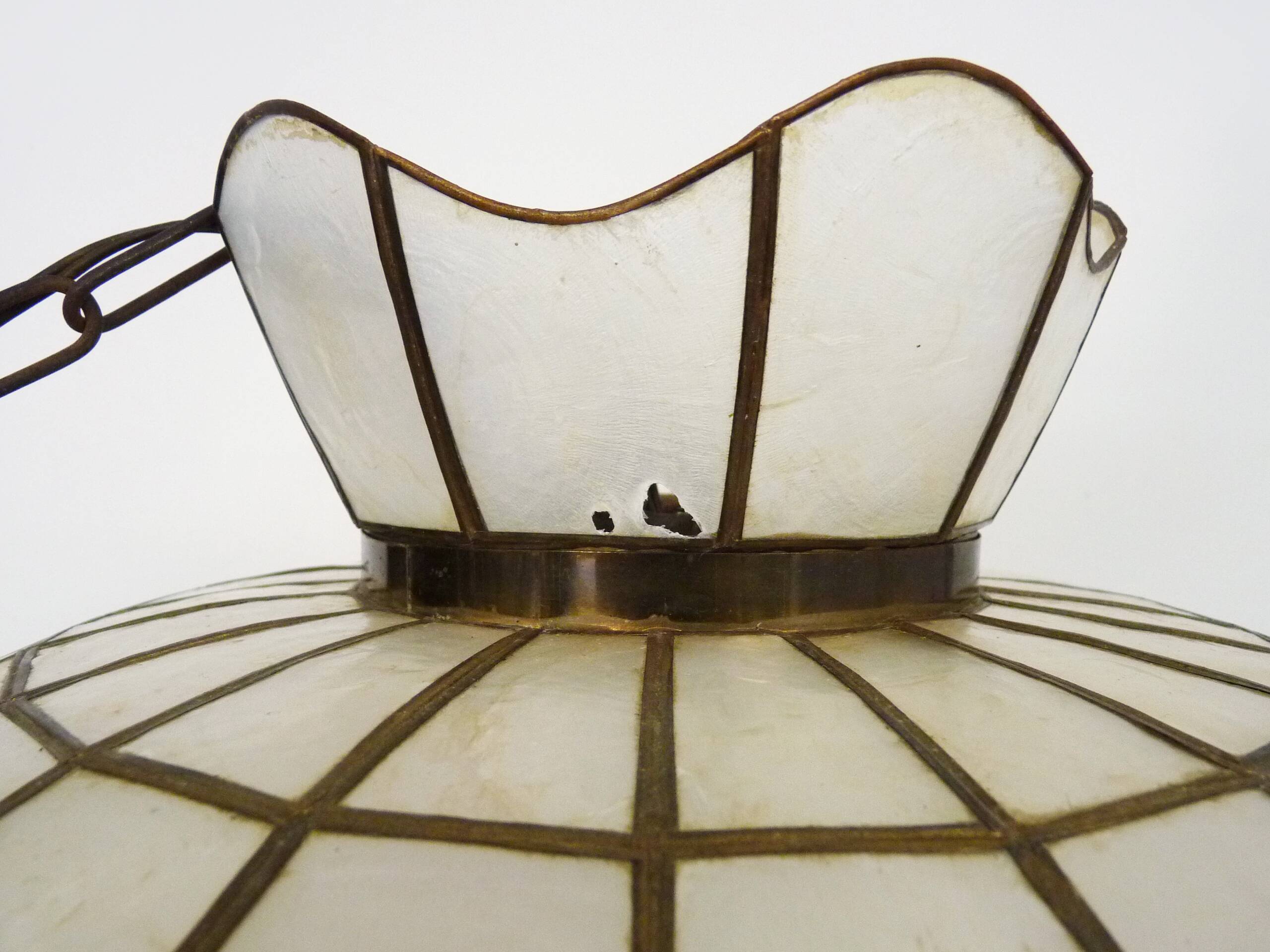 large pendant light, mother-of-pearl and brass chandelier, vintage, old light fixture. 70s