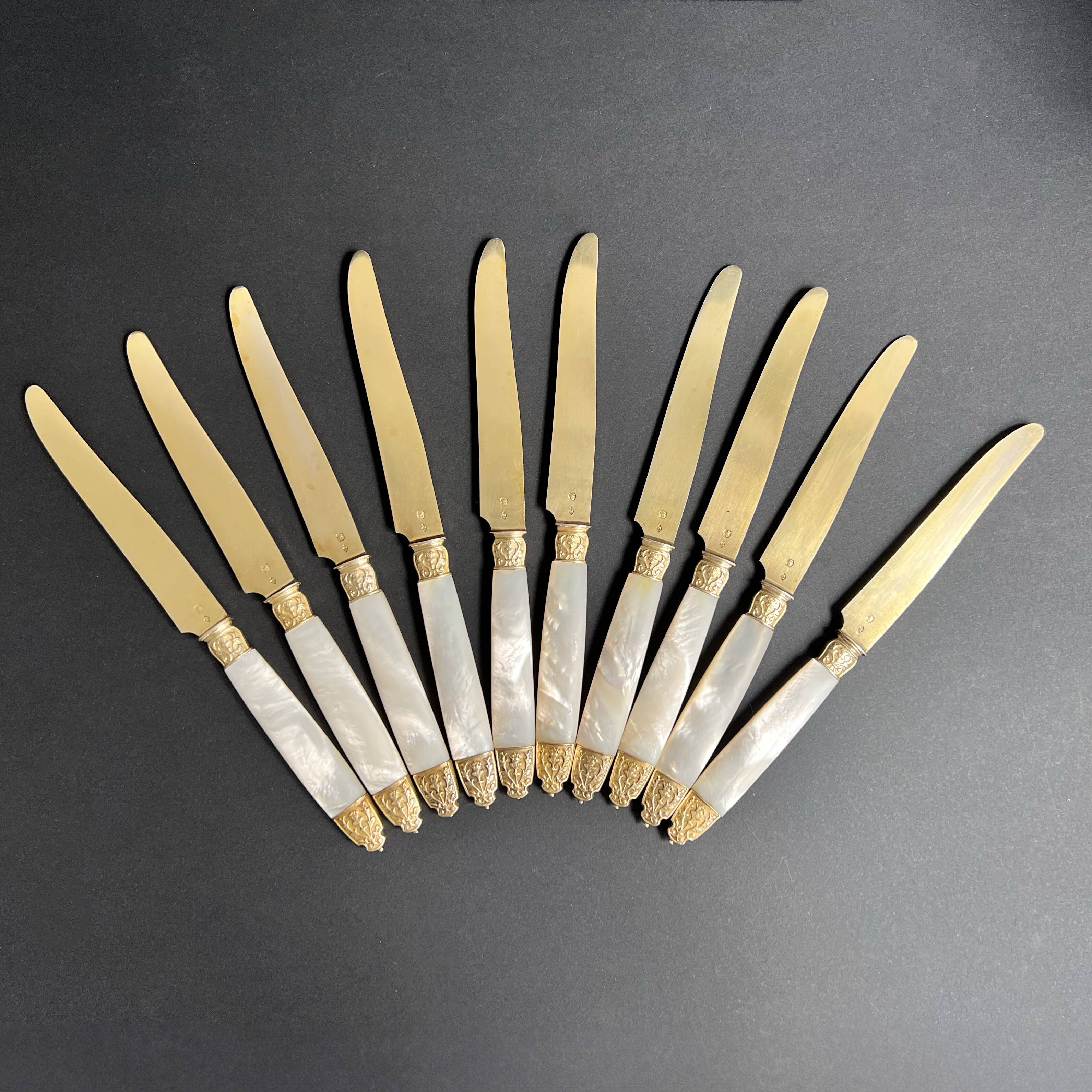 10 Fruit knives in solid silver and vermeil mother-of-pearl
