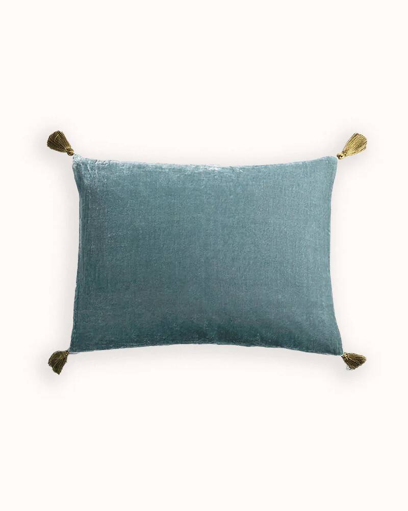 Silk velvet cushion with pom poms | Light blue Sifnos