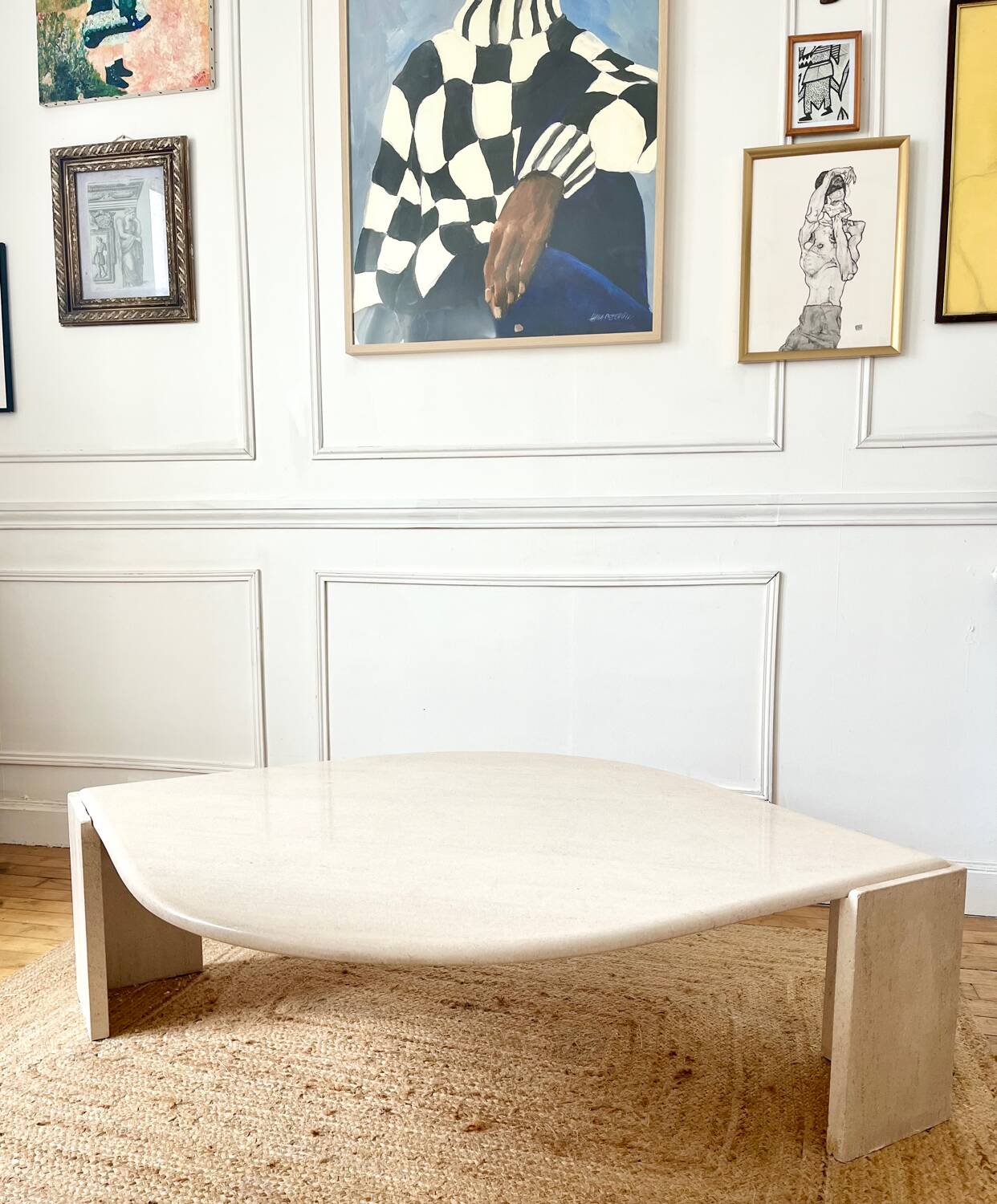 Rochebobois travertine eye-shaped coffee table