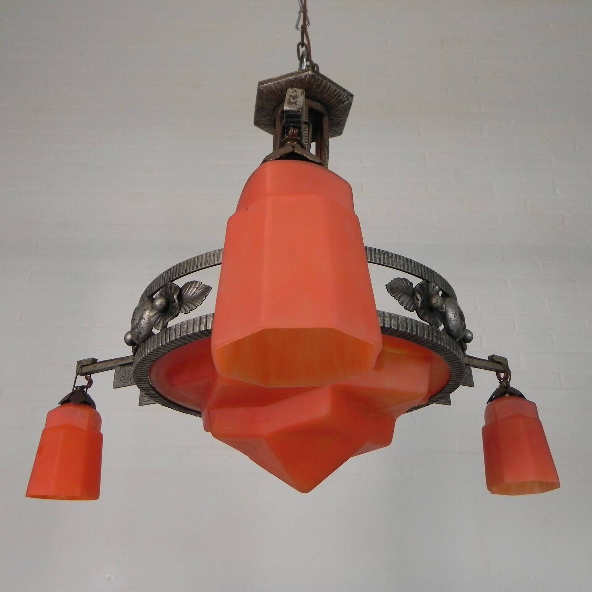 Art Deco pendant lamp with glass bowl and 3 chalices, 1930s