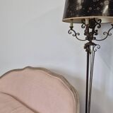 Louis XV style bench sofa in pink fabric and burlap