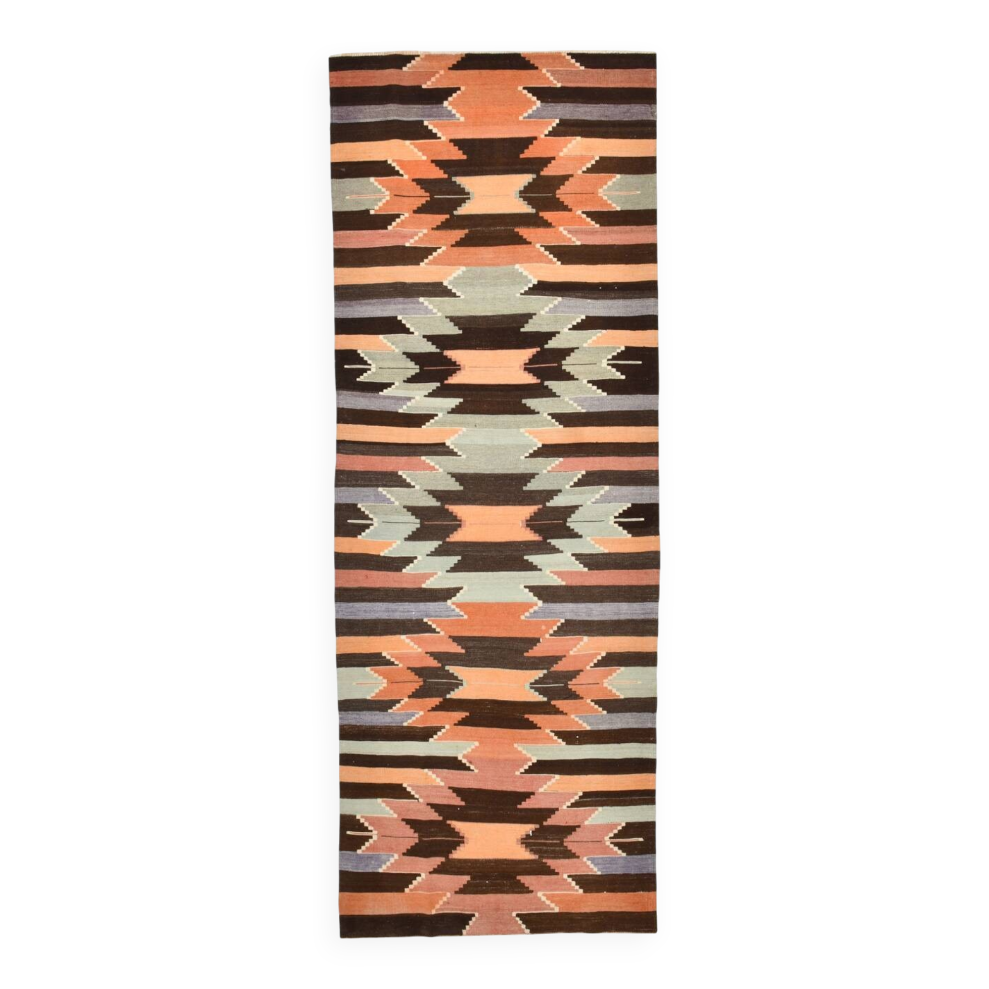 Tapis Kilim tribal orange et marron, 108 x 297 cm
