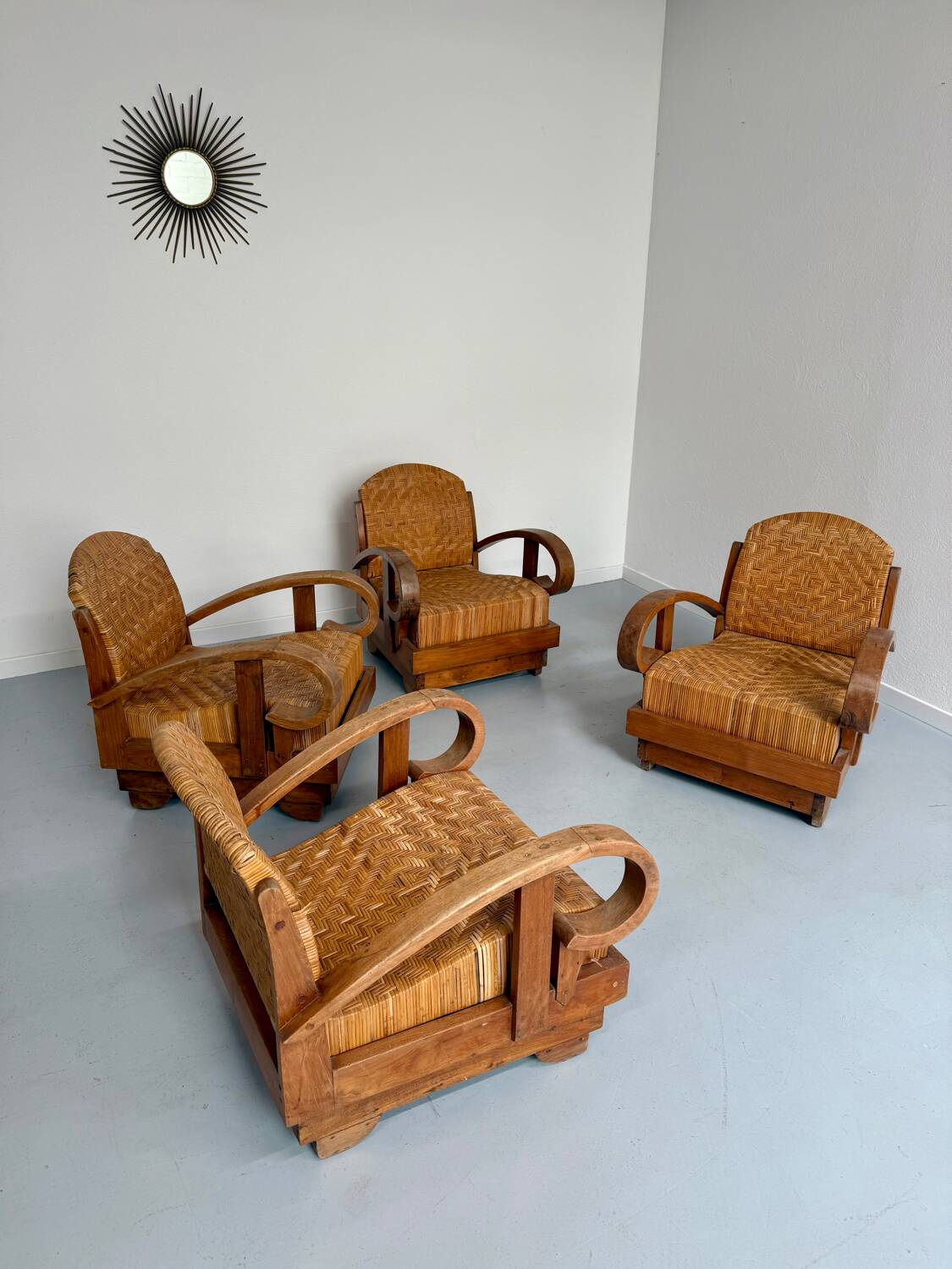 Set of 4 woven rattan armchairs, colonial style, 1950s