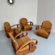 Set of 4 woven rattan armchairs, colonial style, 1950s