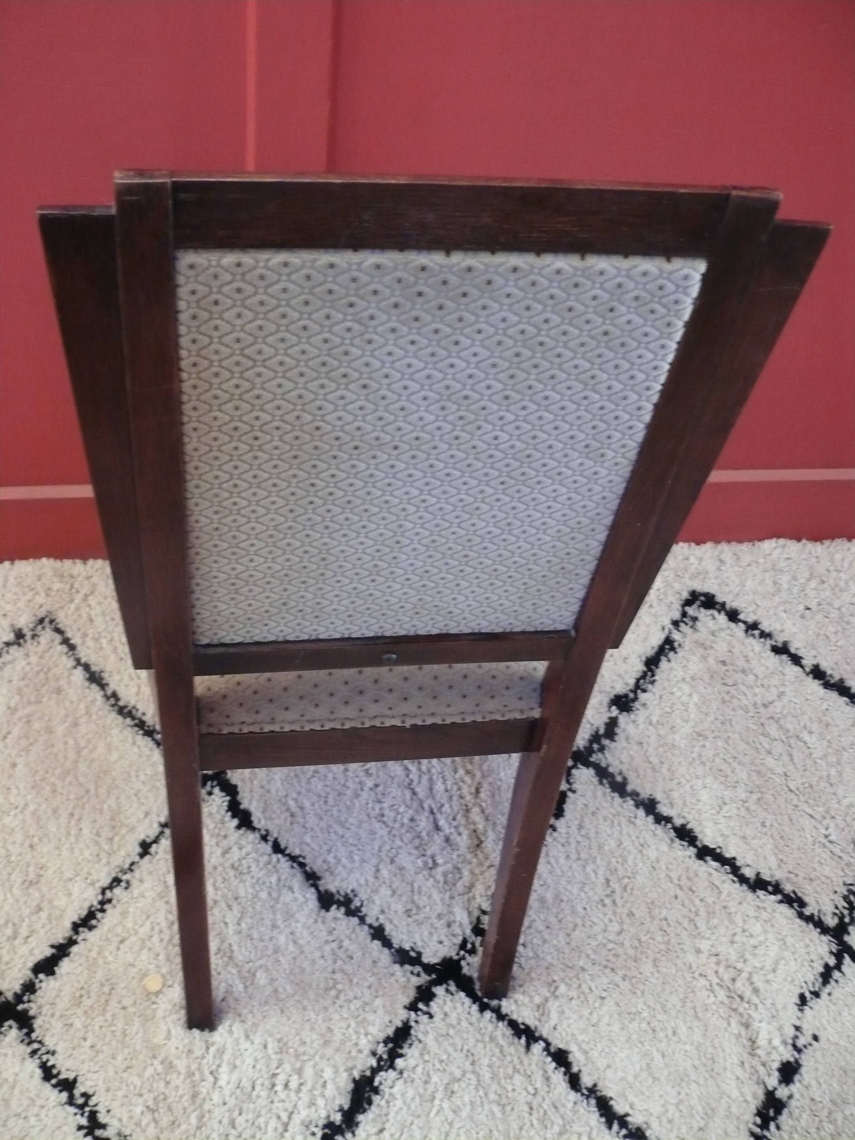 Six Art Deco chairs. Oak and original crushed velvet.