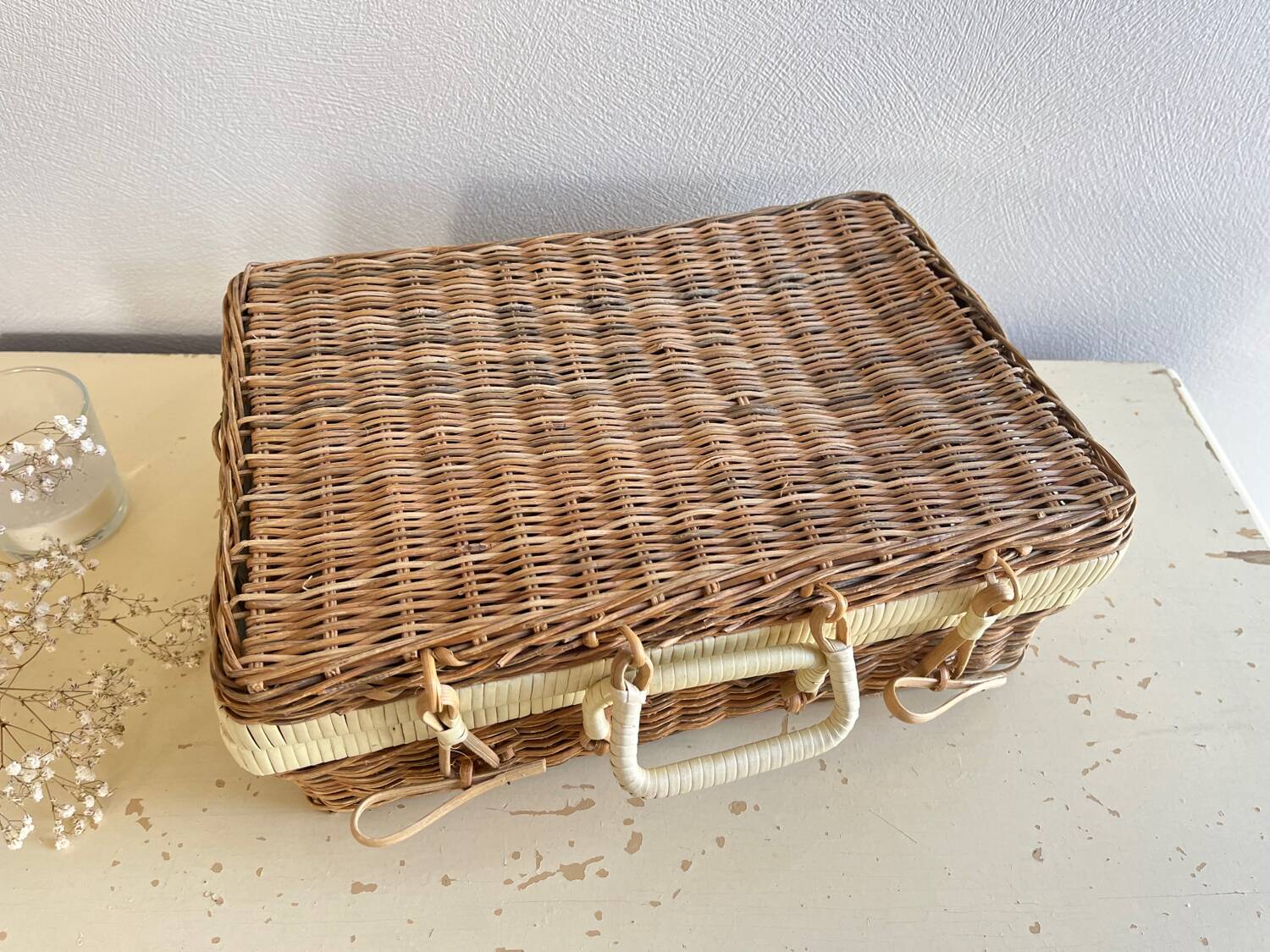 Vintage woven wicker suitcase