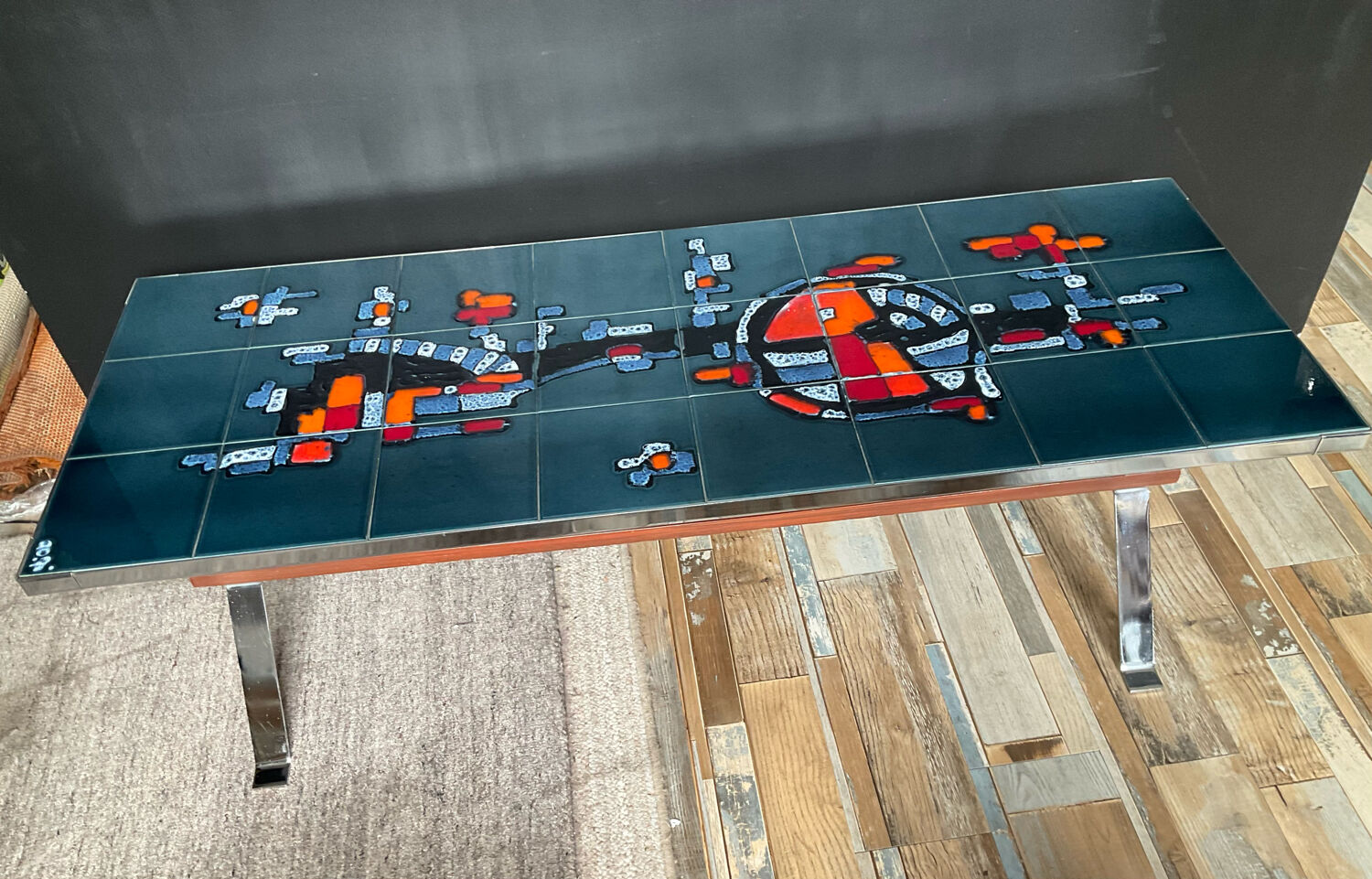 Coffee table in signed ceramic and chromed metal 70s