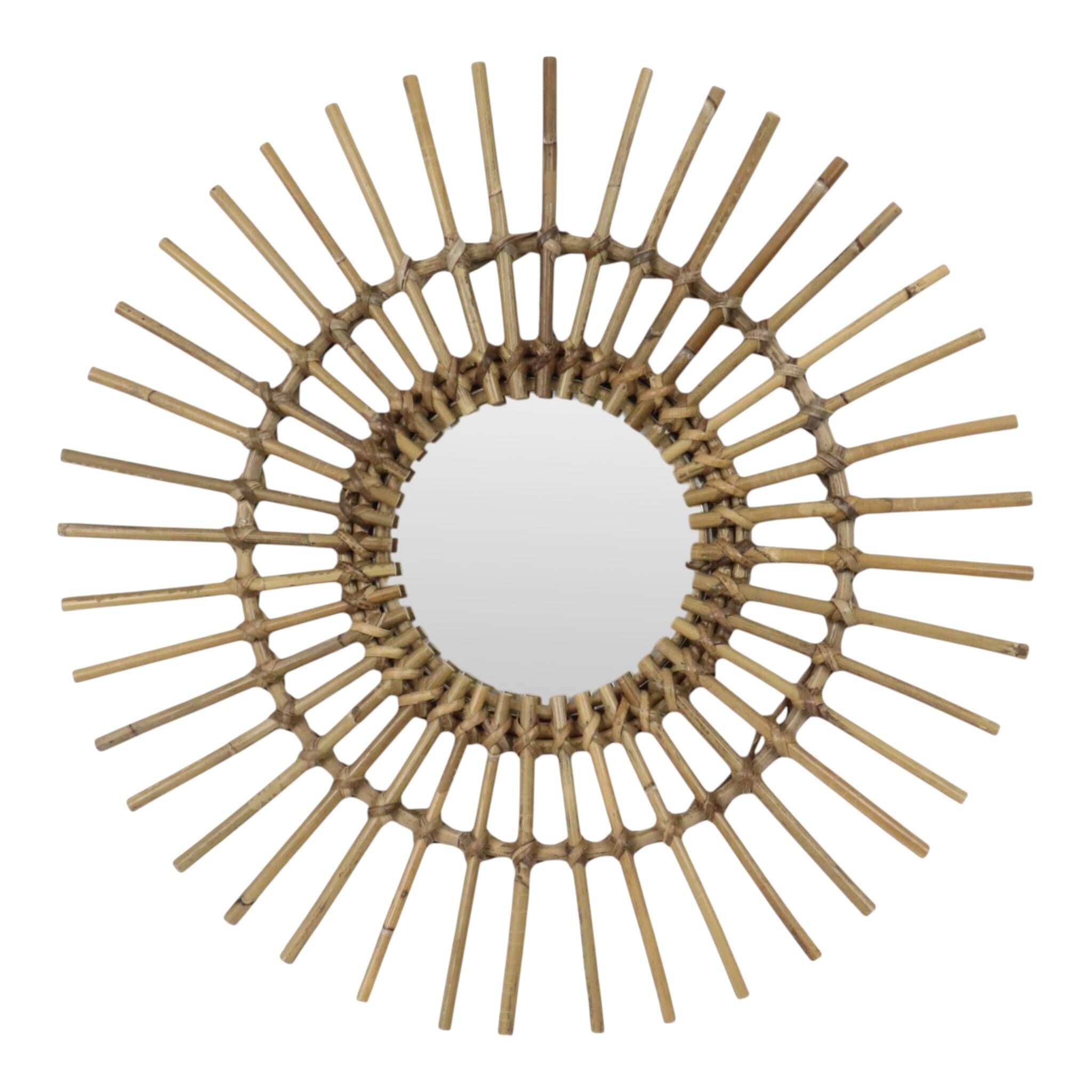 Miroir en rotin et bambou en forme de soleil du milieu du siècle, France, 58 cm