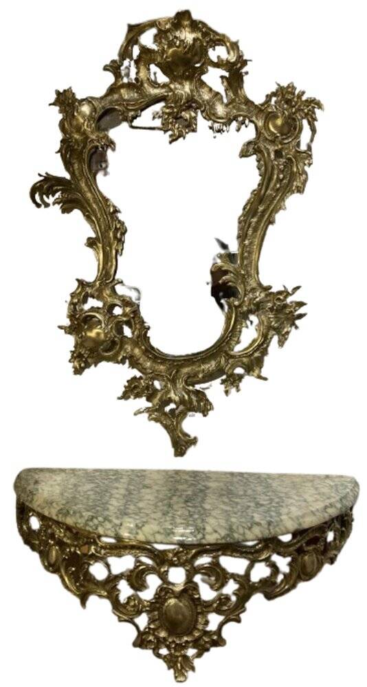 Console murale en bronze et miroir, années 60. Lot de 2