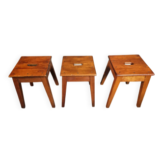 Ensemble de 3 tabourets français vintage en bois, années 1950