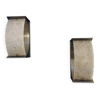 Pair of brushed steel and perspex wall lights, circa 1970.