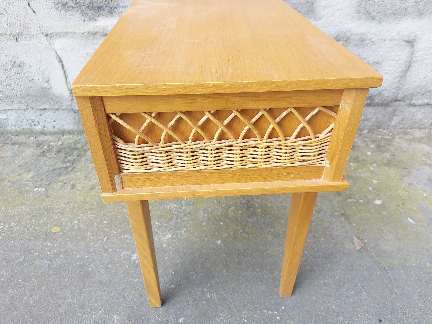 Vintage wood and rattan bedside table