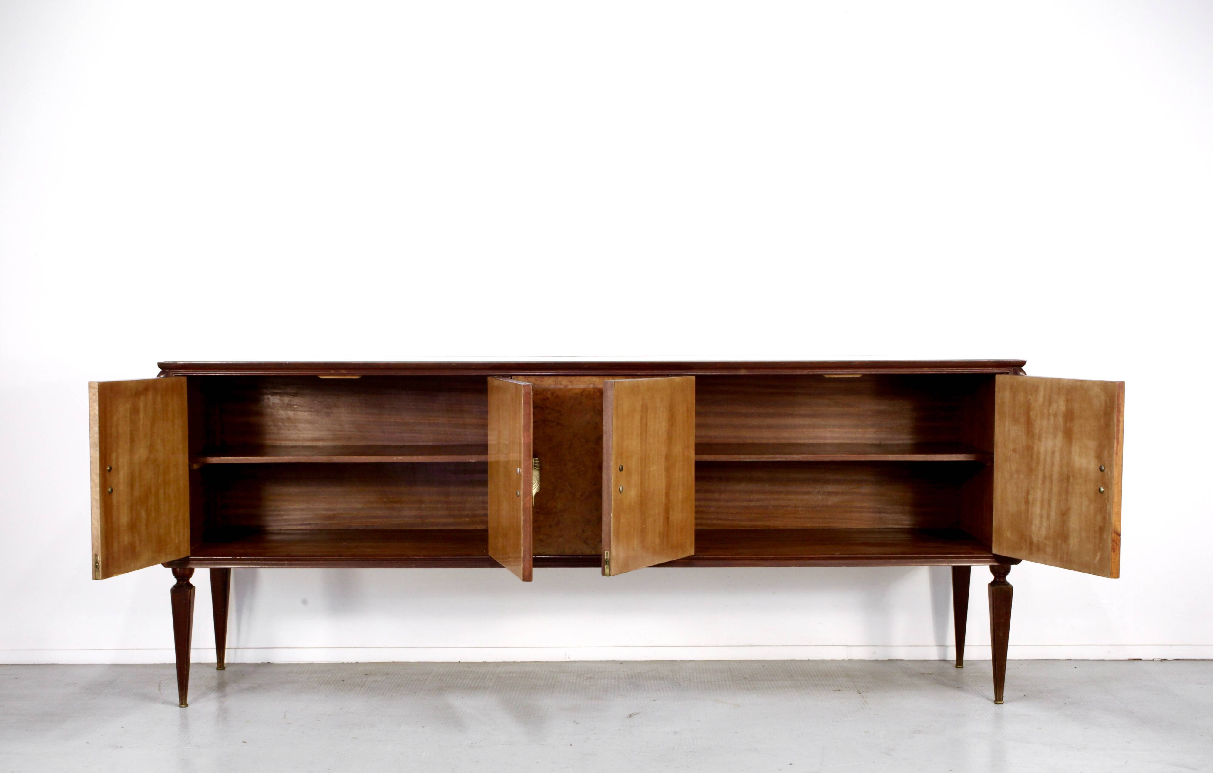 Midcentury Italian Sideboard In Walnut Root And Brass.