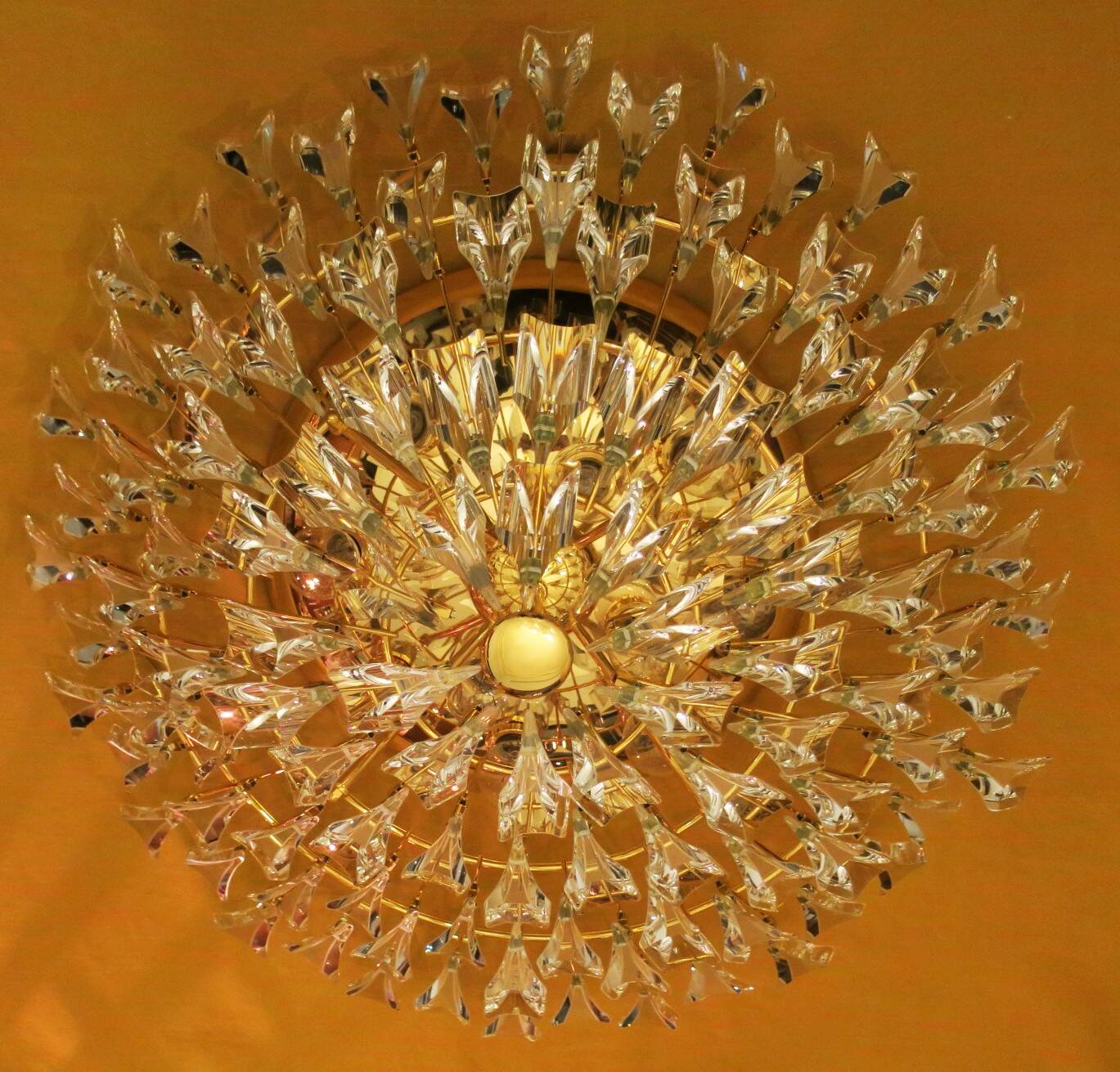 Stilkronen gilt brass and crystal ceiling lamp, Italy 1970s