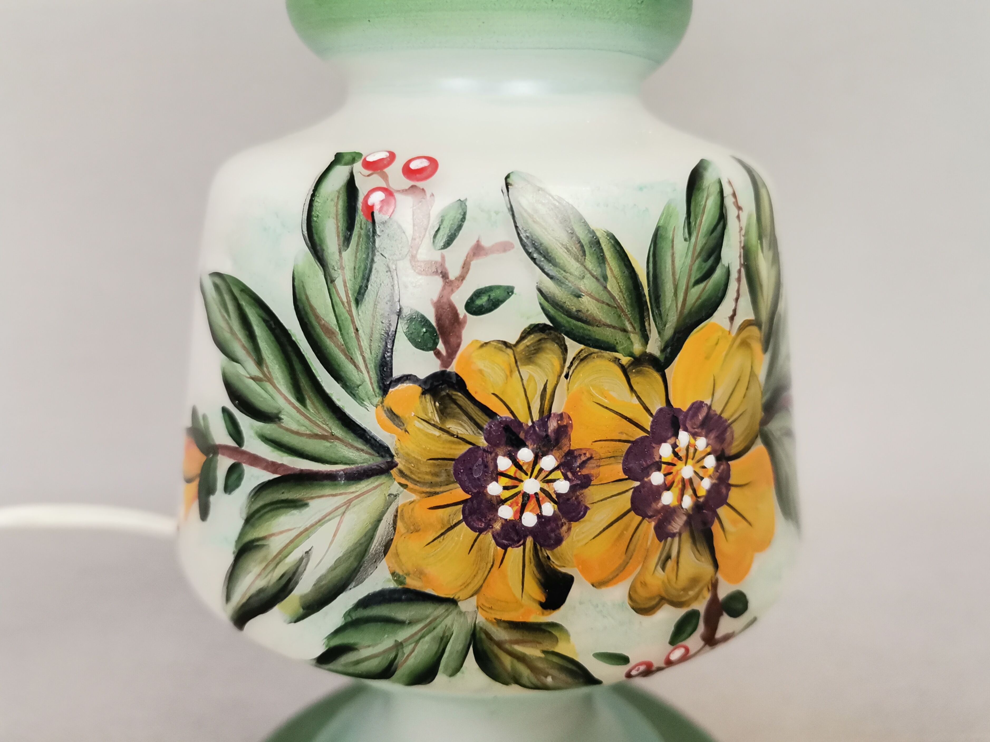 French country 1960s rustic green ceramic and glass vintage table lamp