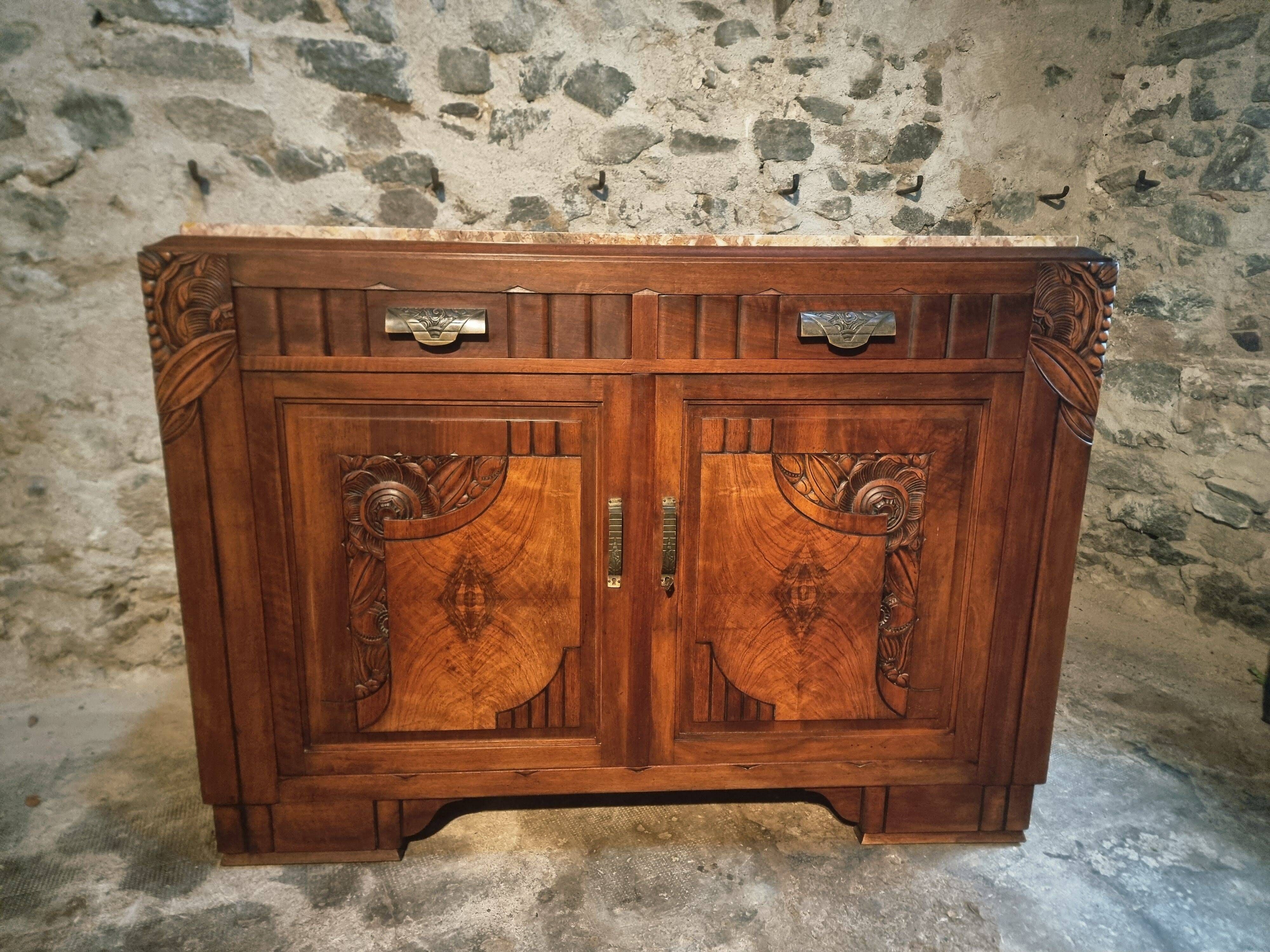 French Art Deco walnut sideboard with marble top (1930s)