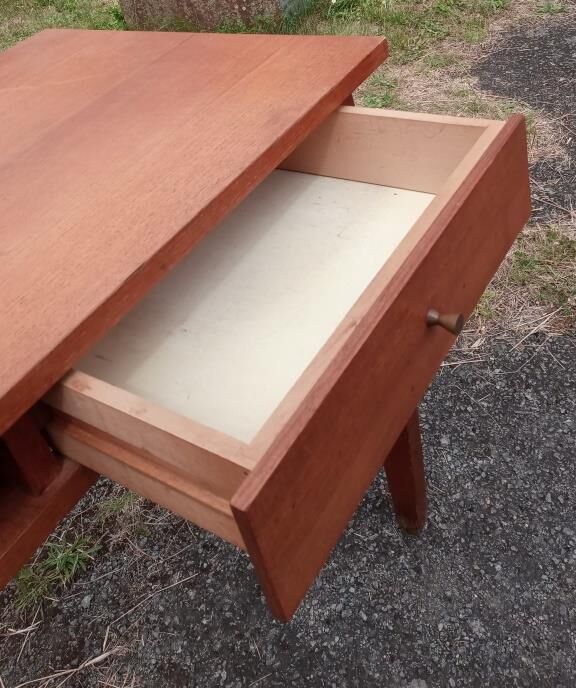 Teak veneer desk, curved feet