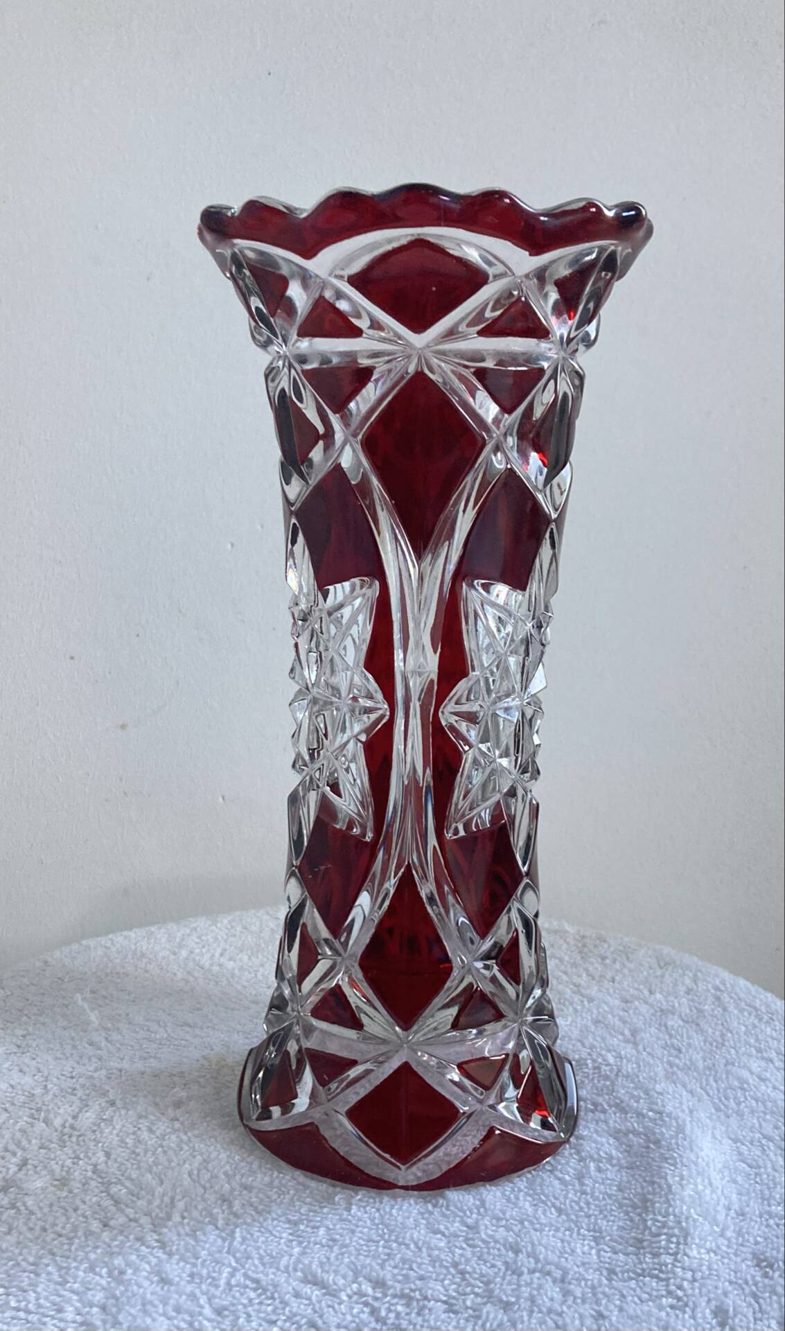 Antique bohemian crystal vase from the mid-20th century in bacara style.