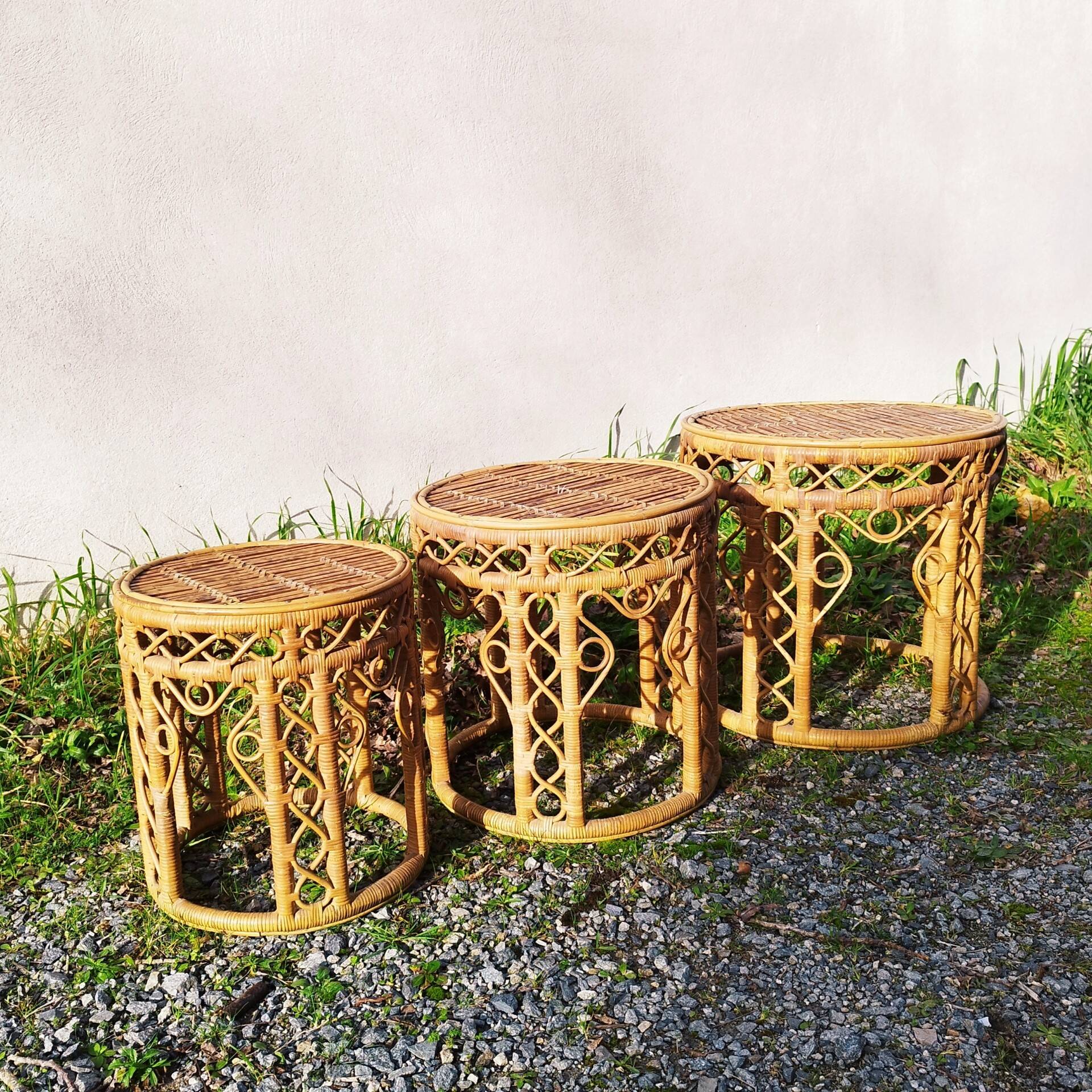 Vintage peacock rattan wicker nesting side tables