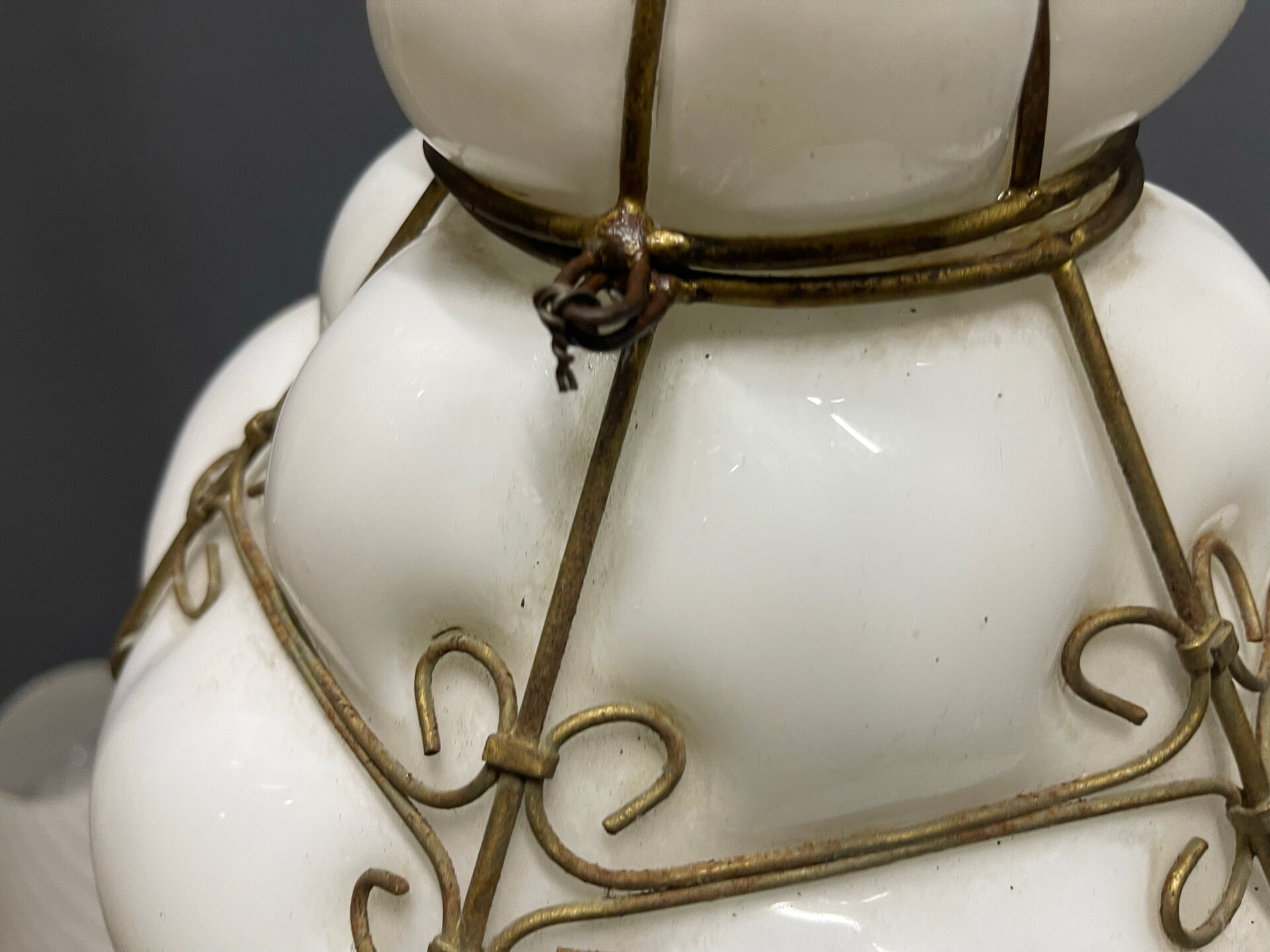 Murano Opaline Glass Pendant Light in Wrought Iron Frame, Italy, Mid-C