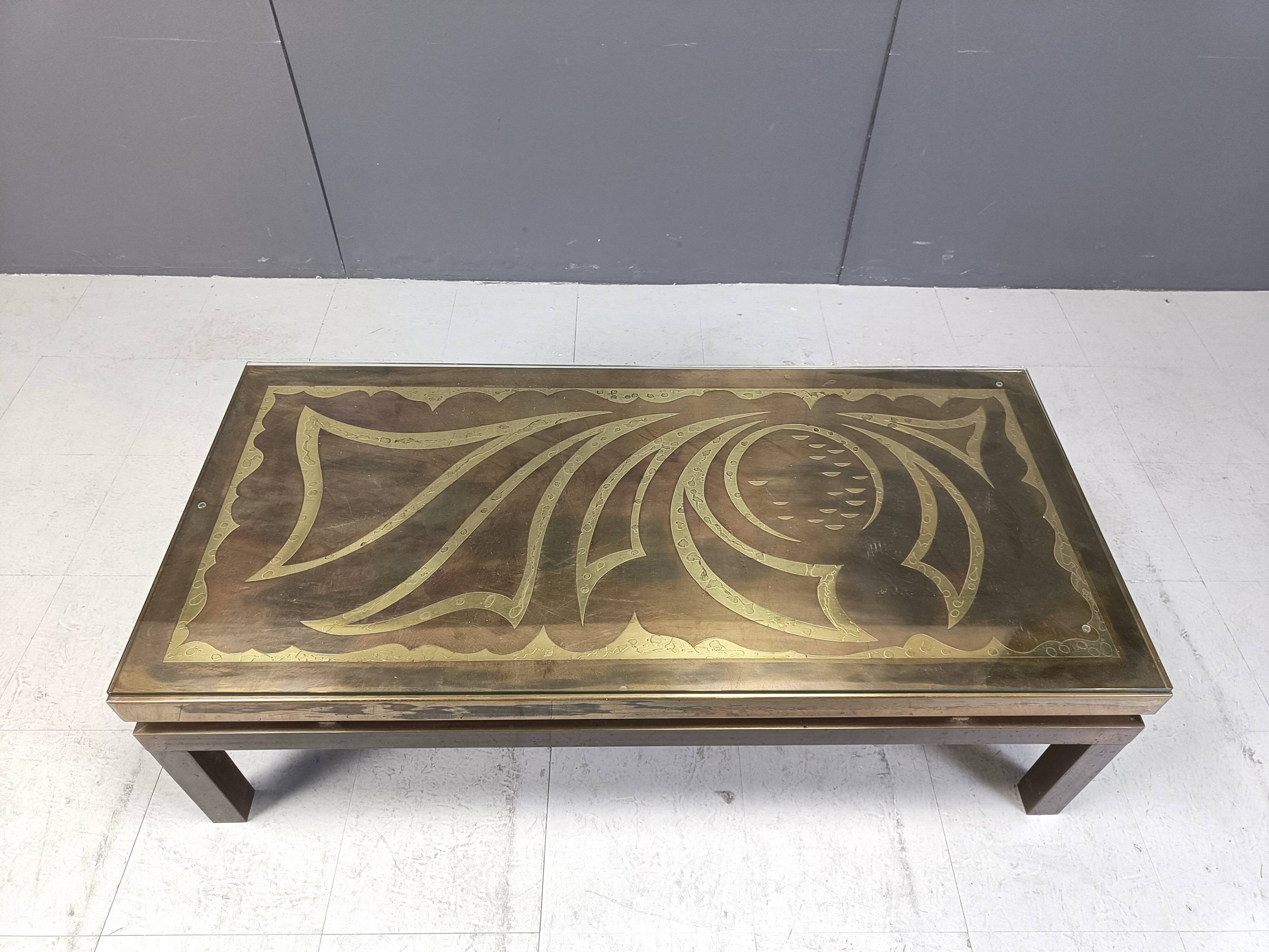 Vintage etched brass coffee table by Willy Daro, 1970s